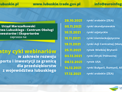 Zaproszenie na cykl webinariów/ spotkań informacyjnych  w zakresie rozwoju eksportu i inwestycji za granicą dla przedsiębiorstw z województwa lubuskiego